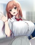  blue_bag blurry blurry_background breasts brown_eyes brown_hair button_gap grey_skirt highres huge_breasts long_hair looking_to_the_side open_mouth original red_neckwear shirt signature skirt smile straight_hair suzuki_nene uniform upper_body waving_arm white_shirt 