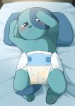  absurd_res anthro bed blue_body blue_fur blush bodily_fluids canid canine canis cartoon_network diaper domestic_dog fur furniture genital_fluids hi_res lying male mammal mao_mao:_heroes_of_pure_heart ol&#039;_blue on_back satsuki_rabbit solo urine wet_diaper wetting 