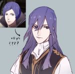  1boy ? bangs black_vest commentary d4ggerfish english_commentary eyebrows_visible_through_hair fire_emblem fire_emblem:_three_houses grey_eyes hair_between_eyes highres long_hair looking_at_viewer lorenz_hellman_gloucester male_focus purple_hair shirt upper_body vest white_shirt 