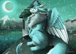  2020 ambiguous_gender anthro blue_eyes detailed_background dragon forest fur furred_dragon horn moon mountain night outside rooftop shimmi_(artist) snow tree wings 