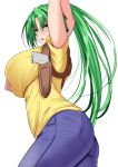  1girl absurdres ar_(lover_boy) arched_back arm_up ass breasts commentary_request denim green_eyes gun handgun highres higurashi_no_naku_koro_ni holster holstered_weapon huge_breasts jeans long_hair looking_at_viewer pants parted_lips pistol ponytail solo sonozaki_mion thighs tsurime very_long_hair weapon 