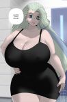  1girl black_dress blue_eyes breasts cleavage curvy door dress earrings eyebrows highres huge_breasts jewelry lips long_hair mature melony_(pokemon) multicolored_hair old old_woman pokemon pokemon_(game) roumgu shading signature speech_bubble streaked_hair thick_thighs thighs 