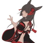  1girl animal_ears armor bangs black_hair cat_ears detached_sleeves eyebrows_visible_through_hair final_fantasy final_fantasy_xiv fingernails flat_color floral_print flower hair_flower hair_ornament hand_up highres japanese_armor kote kurokote long_hair long_sleeves miqo&#039;te open_mouth orange_eyes red_flower red_ribbon ribbon simple_background solo white_background wide_sleeves yoshikyuu 