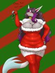  2020 anthro bell big_breasts black_hair breasts chest_tuft christmas claws cleavage clothed clothing collar curvy_figure dress female gloves hair hand_on_hip handwear hi_res highlights_(coloring) holidays holly_(plant) jingle_bell liepard lipstick long_hair looking_at_viewer lurking_tyger makeup morana_liepard nails nintendo plant pok&eacute;mon pok&eacute;mon_(species) purple_highlights red_lipstick simple_background solo text thick_thighs tight_clothing tuft video_games voluptuous wide_hips 
