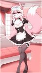  :&lt; anthro bedroom canid canine canis clothed clothing crossdressing dipstick_tail domestic_dog fur girly hi_res husky legwear looking_at_viewer maid_uniform male mammal multicolored_tail nordic_sled_dog pink_body pink_fur re-sublimity-kun rosada solo spitz stockings uniform 