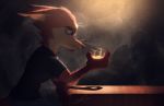  2020 anthro belt beverage bottomwear canid canine clothed clothing cup fox fur furniture hi_res holding_cup holding_object light lighting male mammal multicolored_body multicolored_fur neck_tuft notched_ear pants pointedfox pointedfox_(character) shirt side_view signature sitting solo table topwear tuft two_tone_body two_tone_fur whiskers 