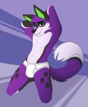  abs absurd_res anthro briefs bulge canid canine clothing fox fur gonifox green_eyes hands_behind_head hi_res kneeling looking_at_viewer male mammal purple_body purple_fur sebtheredpanda simple_background solo tighty_whities underwear white_clothing white_underwear 