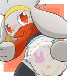  2020 ambiguous_gender anthro big_ears blush bodily_fluids bottomwear butt caught caught_off_guard clothing cute_eyes cute_face desperate desperation diaper embarrasing embarrassed fluffy fluffy_tail fur gesture grey_body grey_fur handshake lagomorph leporid long_ears looking_at_viewer mammal ng nintendo padding paws pok&eacute;mon pok&eacute;mon_(species) pull-ups_(diaper) rabbit raboot red_eyes rokesys scut_tail solo standing surprise sweat training_pants video_games wetness_indicator 