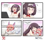  2girls ?? angry animal_costume breasts brown_hair cleavage closed_eyes collarbone cosplay english_text engrish_text fangs fate/grand_order fate_(series) fou_(fate/grand_order) fou_(fate/grand_order)_(cosplay) fox_girl glasses gradient_hair highres hood hood_up keita_naruzawa large_breasts long_hair minigirl multicolored_hair multiple_girls open_mouth osakabe-hime_(fate/grand_order) pink_hair purple_eyes ranguage speech_bubble surprised tamamo_(fate)_(all) tamamo_cat_(fate) tears very_long_hair yellow_eyes 