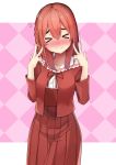  &gt;_&lt; 1girl argyle argyle_background bangs blush braid closed_eyes closed_mouth collarbone double_w dress_shirt eyebrows_visible_through_hair facing_viewer flying_sweatdrops hair_between_eyes hands_up high-waist_skirt jacket kanojo_okarishimasu long_hair long_sleeves minato_yu neck_ribbon nose_blush pink_background pleated_skirt red_hair red_jacket red_ribbon red_skirt ribbon sailor_collar sakurasawa_sumi shirt short_eyebrows skirt solo thick_eyebrows w white_sailor_collar white_shirt 