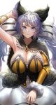  1girl absurdres animal_ears arm_up armpits bangs black_capelet braco breasts brooch capelet cleavage closed_mouth collarbone english_commentary eyebrows_visible_through_hair fur_trim granblue_fantasy hair_between_eyes hair_ribbon highres jewelry large_breasts long_hair looking_at_viewer low_twintails purple_eyes purple_hair ribbon satyr_(granblue_fantasy) simple_background solo twintails upper_body very_long_hair white_background 