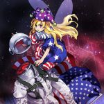  1girl american_flag american_flag_dress american_flag_legwear blonde_hair clownpiece fairy_wings floating_hair hat helmet highres jester_cap kaigen_1025 long_hair neck_ruff polka_dot_headwear purple_eyes purple_headwear short_sleeves solo space spacesuit starry_background touhou wings 