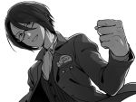  1boy :d bangs blue_eyes buttons clenched_hands collared_shirt commentary_request cravat dress_shirt glasses greyscale hair_between_eyes idolmaster idolmaster_side-m jacket long_sleeves looking_at_viewer male_focus monochrome open_clothes open_jacket open_mouth sakuraba_kaoru sayshownen shirt short_hair smile solo spot_color striped striped_shirt twitter_username upper_body vertical-striped_shirt vertical_stripes watermark 