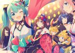  2boys 4girls aqua_eyes aqua_hair bare_shoulders blue_hair brown_hair choker closed_eyes commentary criss-cross_halter fireworks frilled_skirt frills hair_ornament halterneck hatsune_miku headphones headset japanese_clothes kagamine_len kagamine_rin kaito kimono lantern long_hair looking_at_another looking_at_viewer magical_mirai_(vocaloid) megurine_luka meiko mismatched_sleeves multiple_boys multiple_girls one_eye_closed open_mouth outstretched_arm pink_hair pink_sleeves short_hair sinaooo skirt smile twintails very_long_hair vocaloid waving white_kimono white_sleeves yukata 