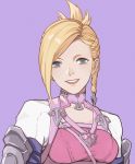  1girl absurdres armor asymmetrical_hair blonde_hair blue_eyes braid breasts final_fantasy final_fantasy_xiv folded_ponytail grin highres hyur lips looking_at_viewer medium_breasts medium_hair minfilia_warde purple_background red_lips simple_background smile solo upper_body yoshikyuu 