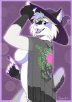  &lt;3 2020 5_fingers anthro breasts cape clothing featureless_breasts felid feline female fingers flower grey_eyes hat headgear headwear hi_res lynx mammal open_mouth pink_nose plant purple_background shimmi_(artist) signature simple_background smile witch_hat 