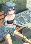  1girl ahoge atsuyah0310 bandeau bangs bare_shoulders bench blue_hair blue_wings breasts closed_mouth collarbone commentary day denim denim_shorts feathered_wings feathers food harpy ice_cream ice_cream_cone looking_at_viewer monster_girl monster_musume_no_iru_nichijou outdoors papi_(monster_musume) revision short_hair short_shorts shorts sitting smile solo talons wings 