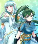  2girls blue_dress blue_hair breasts dress earrings fire_emblem fire_emblem:_the_blazing_blade gloves green_eyes green_hair hair_ornament highres jewelry kakiko210 long_hair looking_at_viewer lyn_(fire_emblem) multiple_girls ninian_(fire_emblem) ponytail red_eyes rope_belt sidelocks smile 