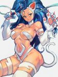  1girl animal_ears blue_eyes blue_hair breasts cat_ears cat_girl cat_tail choker claws fang fang_out felicia_(vampire) highres large_breasts long_hair monster_girl paws slit_pupils tail thighs uncle_rabbit_ii vampire_(game) white_background white_choker white_tail 