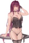  1girl belt_collar between_breasts black_legwear breasts cleavage collar condom_wrapper fate/grand_order fate_(series) garter_belt garter_straps gloves hair_intakes highres large_breasts long_hair purple_hair red_eyes rifu_(643763873) scathach_(fate)_(all) scathach_(fate/grand_order) simple_background single_glove solo strap_slip table tank_top thighs very_long_hair white_background 
