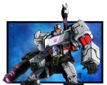  absurdres arm_cannon border clenched_hand cropped_legs decepticon english_commentary highres insignia lextodrawstuff looking_at_viewer mecha megatron megatron_(idw) no_humans open_hand red_eyes solo the_transformers_(idw) transformers weapon 