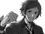  1boy bangs clenched_hand collarbone collared_shirt commentary_request facial_hair grey_background greyscale grin hand_up idolmaster idolmaster_side-m jacket long_sleeves loose_neckwear male_focus monochrome necktie red_eyes sayshownen shirt short_hair simple_background smile solo spot_color stubble sweat tendou_teru twitter_username upper_body watermark 