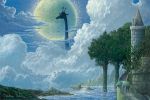  blue_sky castle cloud cloudy_sky commentary_request ebine_toshio fantasy full_moon giraffe lake landscape moon moonlight mountain nature night night_sky no_humans original outdoors scenery sky star_(symbol) tapir tower tree water waterfall 