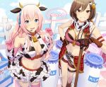  2girls :d animal_ears animal_print arm_strap arm_warmers bangs bare_shoulders bell bell_collar belt black_bandeau black_belt blue_eyes blue_sky blush boots bottle bow breasts brown_eyes brown_footwear brown_gloves brown_hair checkered checkered_floor cleavage cloud collar commentary_request cosplay cow_ears cow_horns cow_print cow_tail cowbell cowboy_boots cowboy_hat cowboy_shot crop_top elbow_gloves eyebrows_visible_through_hair fake_animal_ears fake_horns fake_tail fence frilled_skirt frills glint gloves grin groin hair_between_eyes hair_bow hand_on_hip hat headset horns idolmaster idolmaster_cinderella_girls knee_boots large_breasts long_hair looking_at_viewer megurine_luka meiko midriff milk_bottle milk_carton multiple_girls navel nokuhashi oikawa_shizuku oikawa_shizuku_(cosplay) open_mouth pink_gloves pink_hair pink_legwear plaid plaid_vest rake red_collar scarf shadow shirt short_hair short_shorts shorts sidelocks skirt sky sleeveless sleeveless_shirt smile sparkle speech_bubble standing tail thigh_strap thighhighs underbust upper_teeth vest vocaloid w_arms waist_cape white_bow white_scarf white_shirt white_shorts white_skirt wooden_fence zettai_ryouiki 