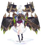  1girl ahoge bangs black_footwear black_gloves black_shirt boots commentary_request finger_on_trigger full_body fuyuno_yuuki gloves gun highres holding holding_gun holding_weapon laputa_(oshiro_project) long_hair machinery official_art oshiro_project_re parted_bangs revision shirt short_shorts short_sleeves shorts silver_hair solo striped vertical-striped_shorts vertical_stripes very_long_hair watermark weapon white_background 