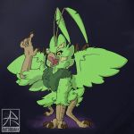  anthro antoreakk avian claws feathers female green_body green_feathers head_feathers ozone_(antoreakk) smile solo spread_wings talons tongue unusual_eyes wing_claws wings 