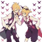  1boy 1girl argyle_print bangs black_vest blonde_hair blue_eyes clenched_hand cowboy_shot hair_ornament hairclip hand_on_another&#039;s_head hand_on_hip holding_neckwear kagamine_len kagamine_rin leaning_forward long_sleeves looking_at_another neckerchief okochama_sensou_(vocaloid) pouty_lips puffy_shorts shirt short_hair short_ponytail shorts spiked_hair standing suzumi_(fallxalice) swept_bangs tongue tongue_out v-shaped_eyebrows vest vocaloid white_shirt 
