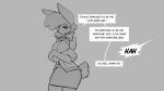  after_transformation angry anthro clothed clothing dialogue english_text evan_(sharkrags) female fur grey_background hair lagomorph leporid mammal monochrome rabbit simple_background solo speech_bubble text watsup 