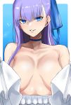  1girl absurdres bare_shoulders blue_choker blue_eyes breasts choker collarbone commentary fate/grand_order fate_(series) heart highres long_hair long_sleeves megao_3rd meltryllis meltryllis_(swimsuit_lancer)_(fate) parted_lips purple_hair solo spoken_heart upper_body 