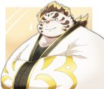  2020 anthro blue_eyes blush clothed clothing cute_fangs eyewear felid fur glasses hi_res kemono kwzu licho_(tas) male mammal overweight overweight_anthro overweight_male pantherine solo tiger tokyo_afterschool_summoners video_games white_body white_fur 