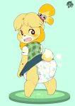  absurd_res accessory animal_crossing anthro bell blush canid canine canis cuddlehooves diaper domestic_dog embarrassed female hair_accessory hair_tie hi_res isabelle_(animal_crossing) looking_back mammal nintendo open_mouth pulling_shirt_down skirt_pull solo standing teeth video_games watermark 
