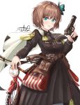  1girl artist_name belt bicycle blue_eyes brown_hair browning_hi-power bug butterfly cape dress eyebrows_visible_through_hair girls_frontline ground_vehicle gun handgun highres holding holding_gun holding_weapon holster hp-35_(girls_frontline) insect left-handed long_sleeves military military_uniform motoq pistol short_hair smile solo trigger_discipline uniform weapon white_background 