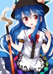  1girl bangs black_headwear blue_background blue_hair blue_skirt bow bowtie buttons center_frills collared_shirt eyebrows_visible_through_hair food frilled_skirt frills fruit hair_between_eyes highres hinanawi_tenshi holding holding_sword holding_weapon leaf long_hair looking_at_viewer open_mouth peach puffy_short_sleeves puffy_sleeves rainbow_order red_bow red_eyes red_neckwear ruu_(tksymkw) shirt short_sleeves simple_background skirt smile solo standing sword sword_of_hisou touhou weapon white_shirt 