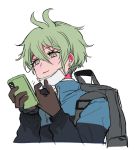  1boy adjusting_mask alternate_costume amami_rantarou antenna_hair backpack bag black_jacket blue_jacket brown_gloves cellphone commentary_request cropped_torso danganronpa ear_piercing earrings gloves green_eyes green_hair hair_between_eyes hands_up holding holding_phone jacket jewelry long_sleeves male_focus mask mouth_mask nabu_(d4ng4nn6bu12) new_danganronpa_v3 phone piercing shirt short_hair simple_background smartphone smile solo striped striped_shirt two-tone_jacket white_background 