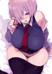  1girl bare_shoulders bed breasts commentary_request curvy fate/grand_order fate_(series) glasses hair_over_one_eye highres inui_achu large_breasts mash_kyrielight necktie panties pantyhose pantyhose_pull purple_eyes purple_hair purple_panties red_neckwear sitting solo thighhighs underwear wide_hips 