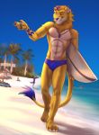  2020 4_toes 5_fingers abs anthro beach day detailed_background digital_media_(artwork) felid fingers koul lion male mammal outside pantherine sand seaside shoreline sky smile solo_focus toes water 