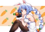  1girl :t absurdres animal_ear_fluff animal_ears arm_cuffs black_gloves black_legwear black_leotard braid breasts bunny_ears carrot carrot_hair_ornament cleavage closed_mouth commentary_request don-chan_(usada_pekora) dress eating eyebrows_visible_through_hair food food_themed_hair_ornament fur-trimmed_gloves fur_scarf fur_trim gloves hair_between_eyes hair_ornament hair_ribbon highres holding holding_food hololive huge_filesize leotard light_blue_hair long_hair looking_at_viewer medium_breasts multicolored_hair off-shoulder_dress off_shoulder orange_background pantyhose patterned_background playboy_bunny pom_pom_(clothes) red_eyes ribbon simple_background sitting solo symbol-shaped_pupils symbol_in_eye takahan thick_eyebrows tress_ribbon twin_braids twintails two-tone_background two-tone_hair usada_pekora virtual_youtuber white_background white_dress white_hair 