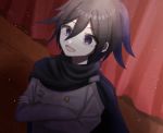  1boy :d bangs black_cape black_hair cape commentary_request crossed_arms danganronpa dutch_angle hair_between_eyes jacket long_sleeves male_focus mdr_(mdrmdr1003) multicolored_hair new_danganronpa_v3 open_mouth ouma_kokichi purple_eyes purple_hair short_hair smile solo straitjacket two-tone_hair upper_body white_jacket 