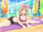  1girl bangs bow bra breasts brown_hair cleavage flexible green_eyes hair_bow haruka_(senran_kagura) indoors large_breasts looking_at_viewer official_art on_floor pink_bow pink_bra pink_footwear senran_kagura senran_kagura_shoujo-tachi_no_shin&#039;ei shoes shorts sitting smile sneakers socks solo sports_bra spread_legs stomach stretch sweat thighs underwear yaegashi_nan yoga 