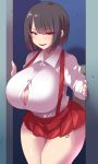  1girl black_hair breasts cleavage commentary_request gegege_no_kitarou hanako-san_(gegege_no_kitarou) highres huge_breasts konno_tohiro looking_at_viewer naughty_face red_eyes school_uniform short_hair skirt smile solo tattoo thick_thighs thighs toile_no_hanako-san 
