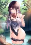  1girl absurdres bare_shoulders blurry blurry_background blush bow breasts brown_hair closed_mouth day earrings eyebrows_visible_through_hair highres jewelry long_hair looking_at_viewer medium_breasts necomi one-piece_swimsuit original partially_submerged purple_eyes scan see-through shirt simple_background skirt solo swimsuit thighs water water_drop wet wet_clothes white_shirt 