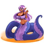  apode big_breasts breasts cleavage clothed clothing draconcopode eyewear female flauschdraws glasses hair hi_res humanoid_pointy_ears lamia purple_hair reptile scalie serpentine simple_background snake solo split_form white_background 