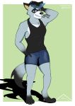  absurd_res anthro black_nose blue_eyes bottomwear carrus claws clothing fur hand_behind_head hand_in_pocket head_tuft hi_res highlights_(coloring) hotpants looking_at_viewer male mammal pockets procyonid raccoon shaded shorts simple_background simple_shading sleeveless_shirt smile smug solo tattoo tuft white_body white_fur 