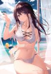  1girl absurdres bikini blue_sky blurry blurry_background brown_hair cloud cloudy_sky cup curtains day drinking_straw earrings highres jewelry long_hair navel necomi original purple_eyes sitting sky solo stomach swimsuit tropical_drink white_bikini window 
