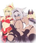  3girls animal_ears bandeau blonde_hair blue_eyes breasts caenis_(fate) chibi cleavage commentary_request dark_skin dated facial_mark fate/grand_order fate_(series) forehead_mark gloves green_eyes hair_ornament hair_scrunchie hairband hand_on_shoulder highres hisahiko horns ibaraki_douji_(fate/grand_order) japanese_clothes kimono large_breasts long_hair long_sleeves looking_at_viewer mordred_(fate) mordred_(fate)_(all) multiple_girls navel oni_horns open_mouth pink_hair pointy_ears ponytail scrunchie short_hair small_breasts smile thighhighs wide_sleeves yellow_kimono 