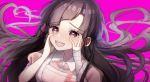  1girl apron bandaged_arm bandages bangs blush brown_eyes brown_hair danganronpa floating_hair hands_on_own_cheeks hands_on_own_face heart heart-shaped_pupils highres long_hair looking_at_viewer mdr_(mdrmdr1003) open_mouth pink_background pink_shirt portrait puffy_short_sleeves puffy_sleeves shirt short_sleeves smile solo super_danganronpa_2 symbol-shaped_pupils symbol_commentary tsumiki_mikan upper_teeth white_apron 
